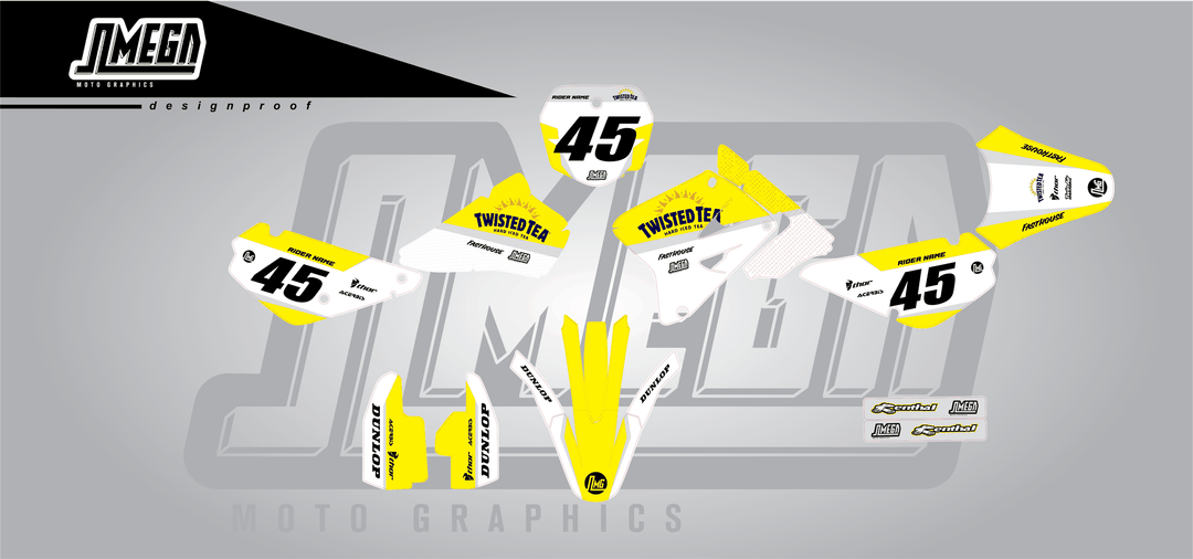 suzuki rm 85 twisted tea v2 sticker kit flat lay