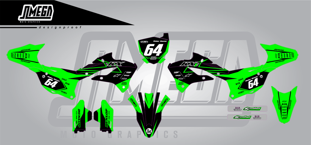 kawasaki kx 112 vivid sticker kit flat lay