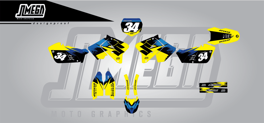 suzuki rm 125 yellow concept sticker kit flat lay