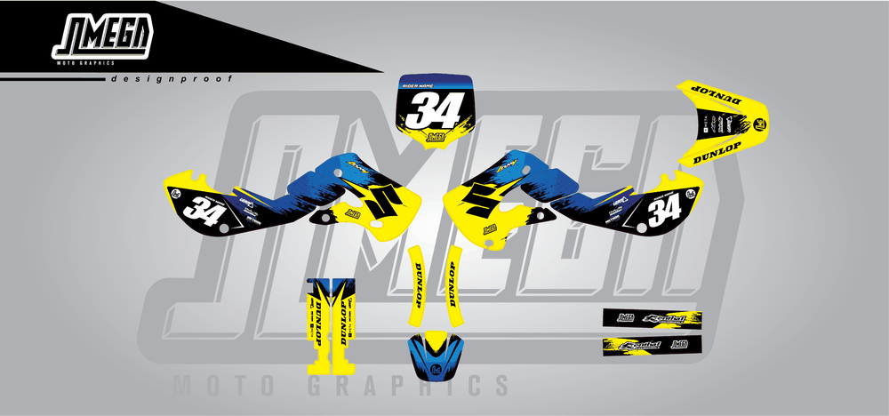 suzuki rm 65 yellow concept sticker kit flat lay