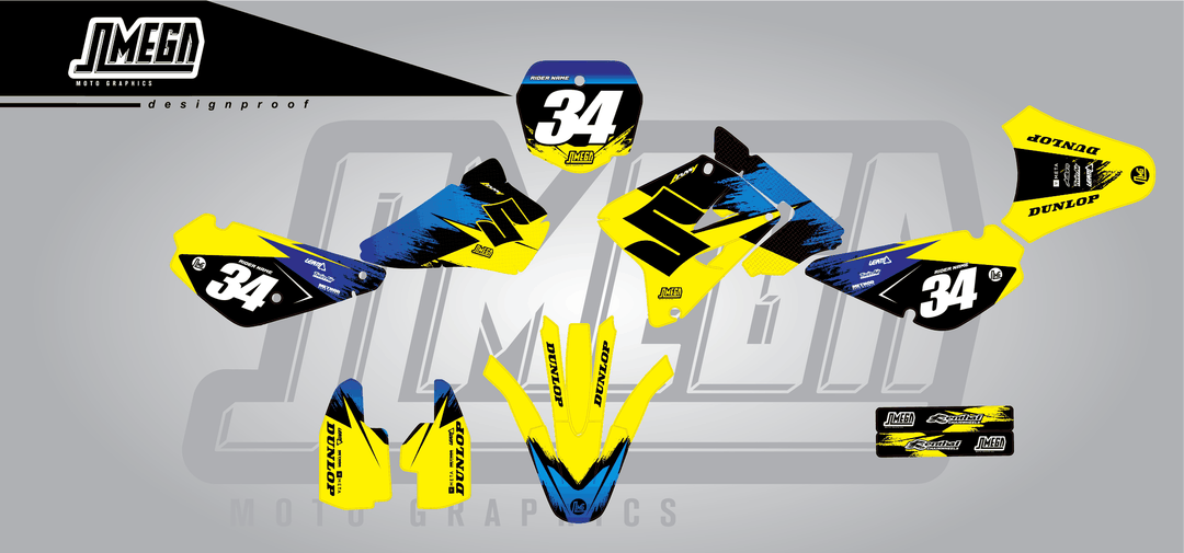 suzuki rm 85 yellow concept sticker kit flat lay