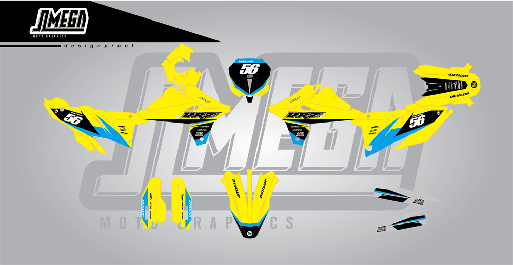 suzuki dr-z4s yellow factory sticker kit flat lay