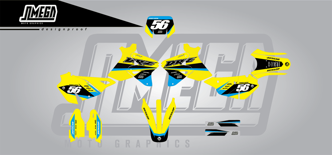 suzuki drz 400s yellow factory sticker kit flat lay