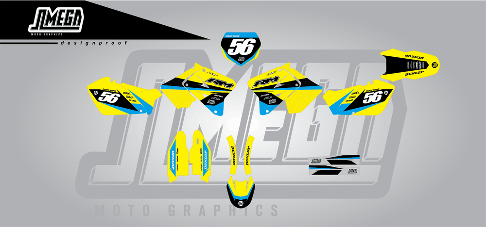 suzuki rm 125 yellow factory sticker kit flat lay
