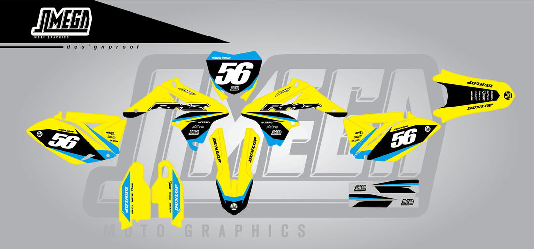 suzuki rmz 250 yellow factory sticker kit flat lay