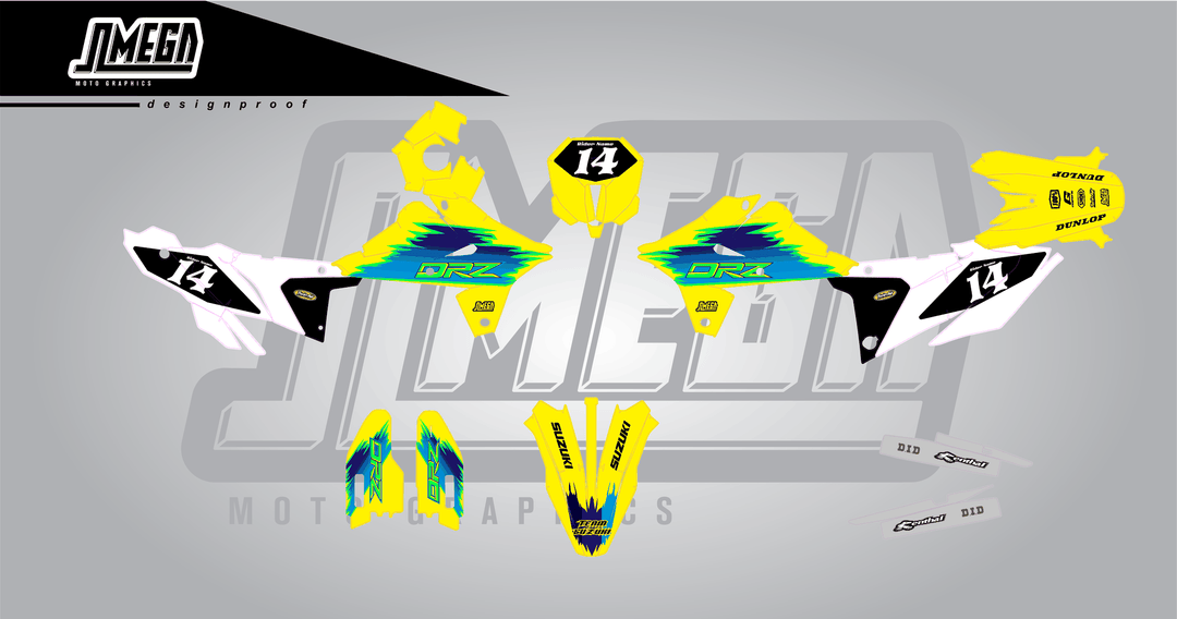 suzuki dr-z4s tecnosel remastered sticker kit flat lay