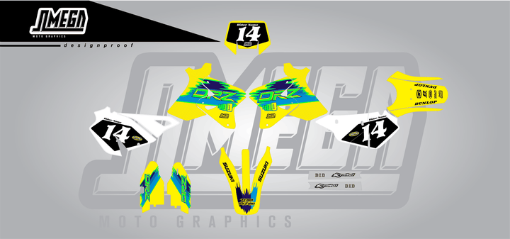 suzuki drz 400s tecnosel remastered sticker kit flat lay