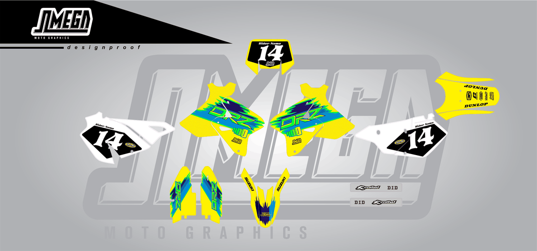 suzuki drz 400sm tecnosel remastered sticker kit flat lay