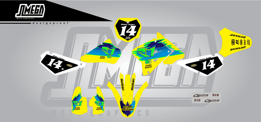 suzuki rm 85 tecnosel remastered sticker kit flat lay