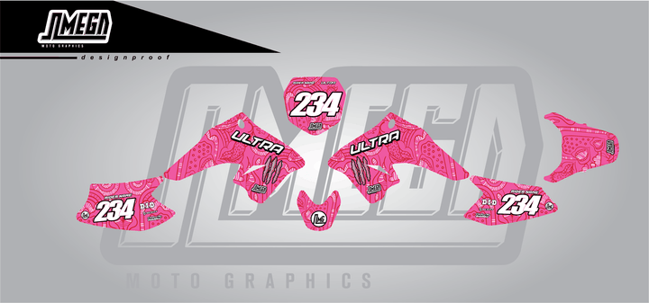 suzuki drz 70 pink monster sticker kit flat lay
