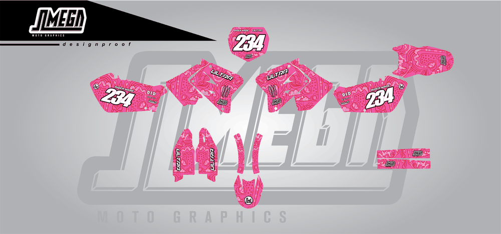 suzuki rm 250 pink monster sticker kit flat lay