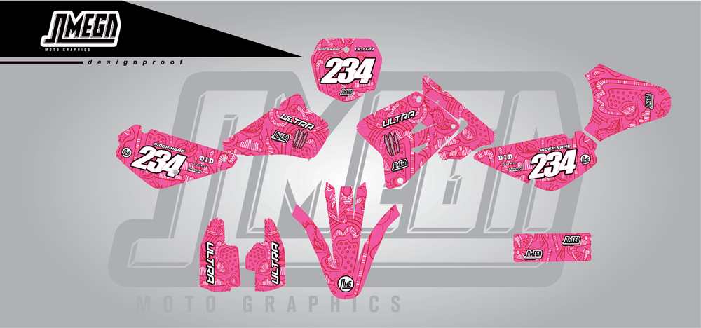 suzuki rm 85 pink monster sticker kit flat lay