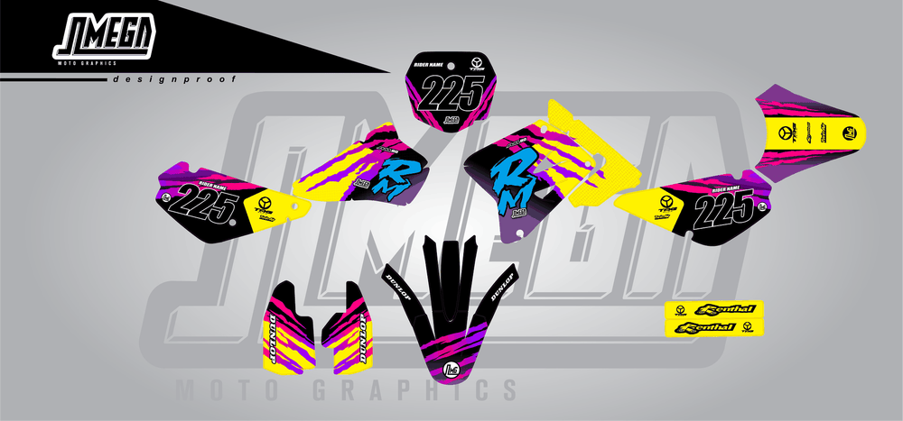suzuki rm 85 retro 90's factory sticker kit flat lay