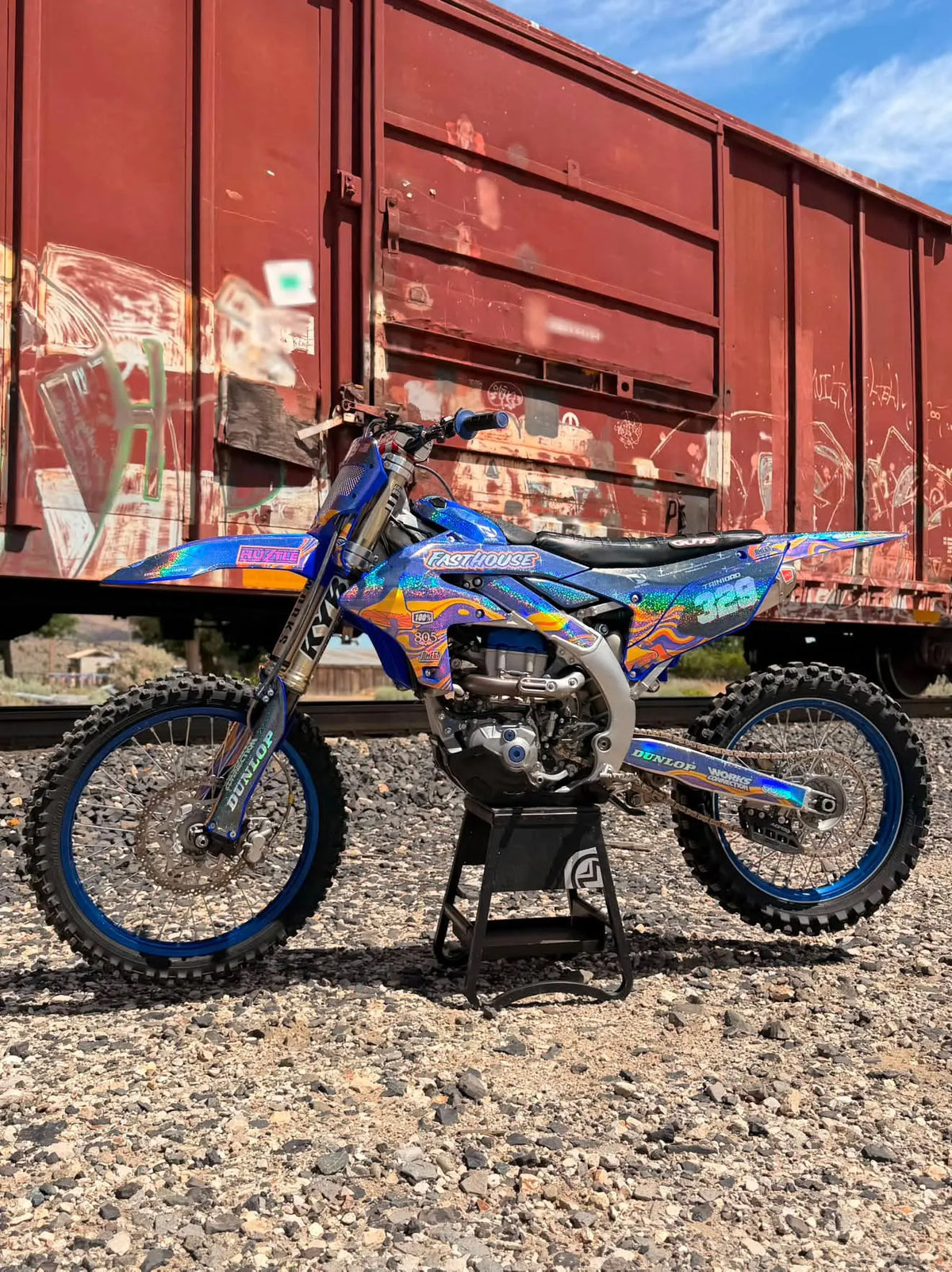 Blue custom motocross bike outdoors
