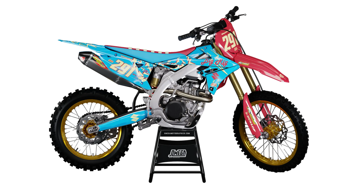 Finished blue and red Big Rig custom motocross bike
