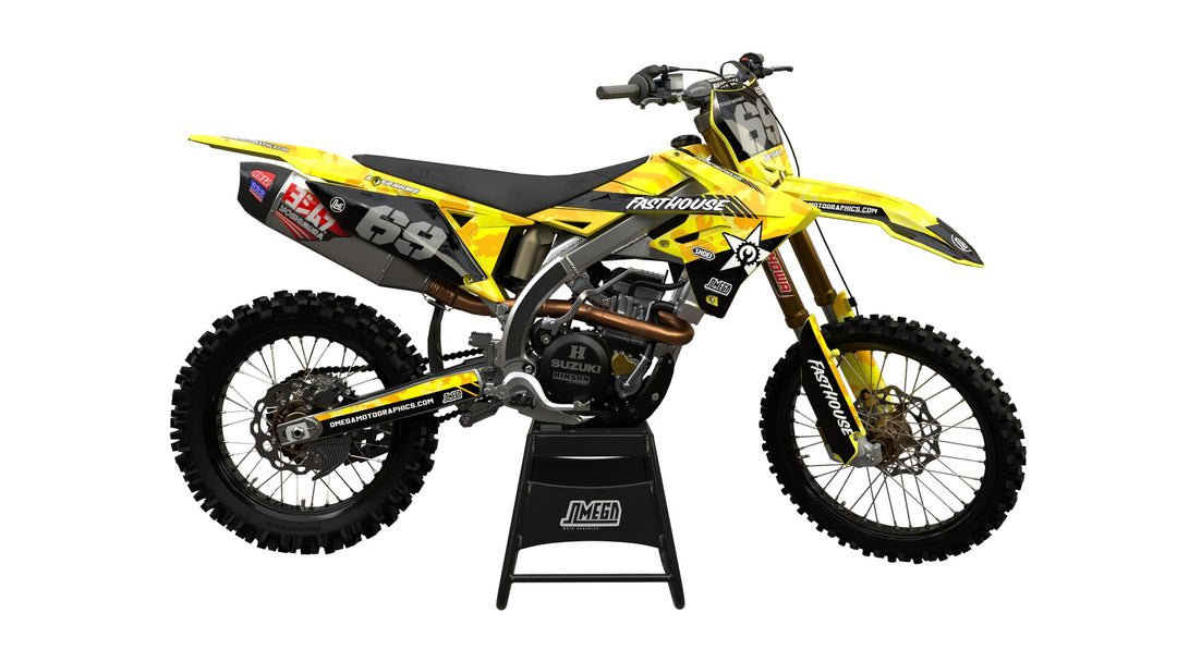 Yellow Camo dirt bike graphics kit on a Suzuki RM-Z