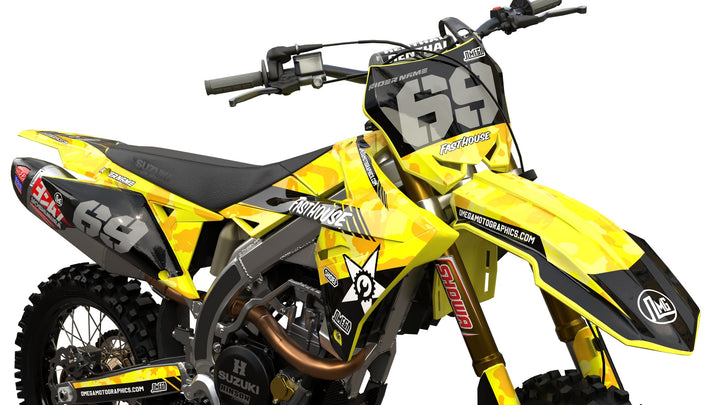 Yellow Camo Suzuki sticker kit front view