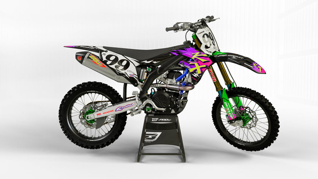 kawasaki kx kxf retro 90's factory graphics kit gloss / normal background / no seat cover